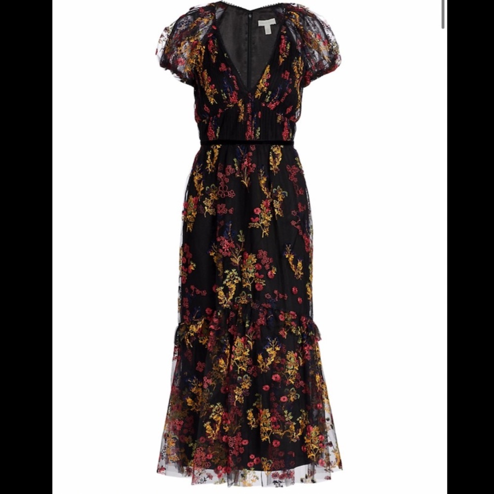 ML Monique Lhuillier Floral Embroidered Midi Dress